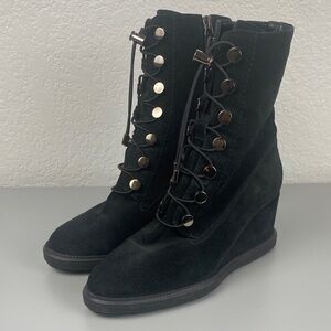 Aquatalia Campbell Weatherproof Strap Up Suede Black Wedge Boots Size 8